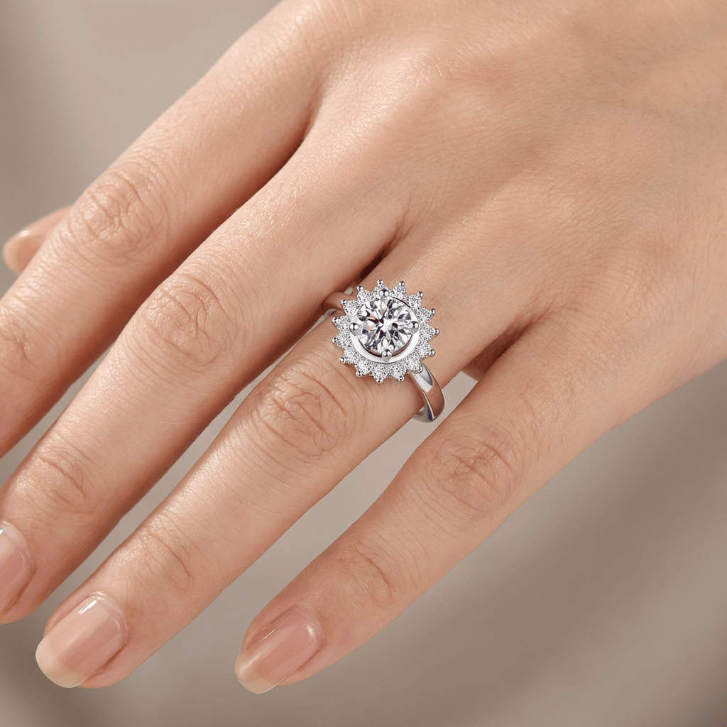 SILVER ROUND DIAMOND SUNBURST RING - (ADJUSTABLE)