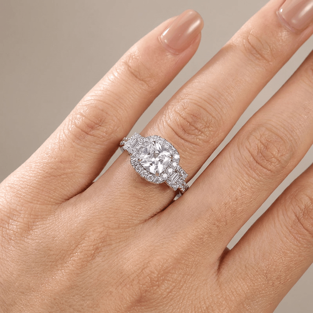 SILVER CUSHION DIAMOND HALO RING