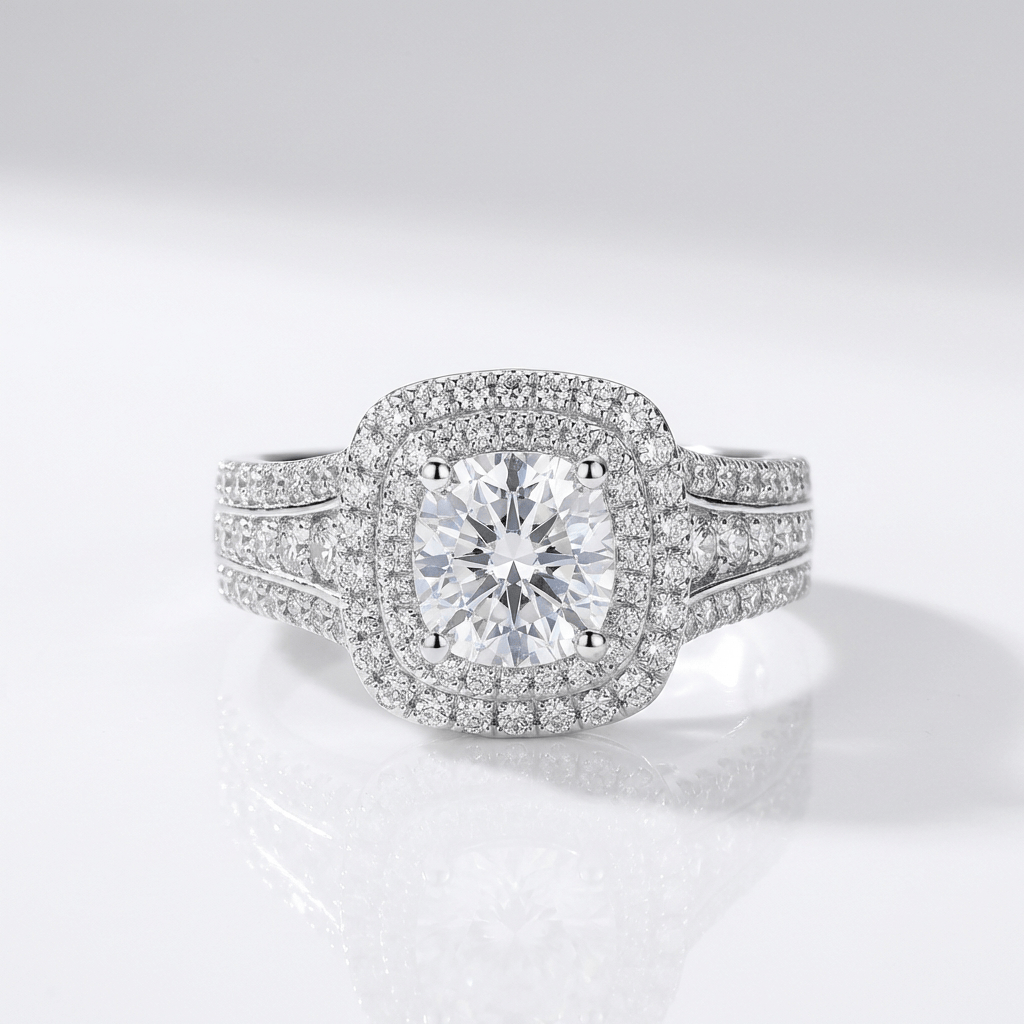 SILVER ROUND DIAMOND HALO RING