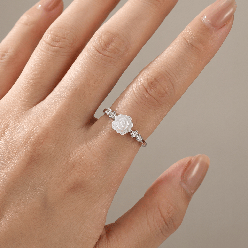SILVER ROSE DIAMOND RING - (ADJUSTABLE)