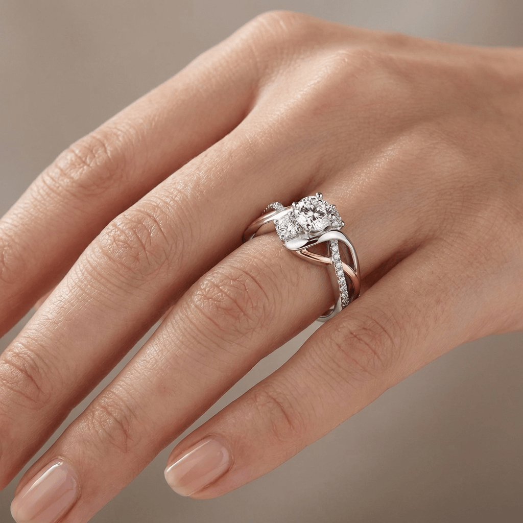 SILVER ROSE GOLD DIAMOND TWIST RING